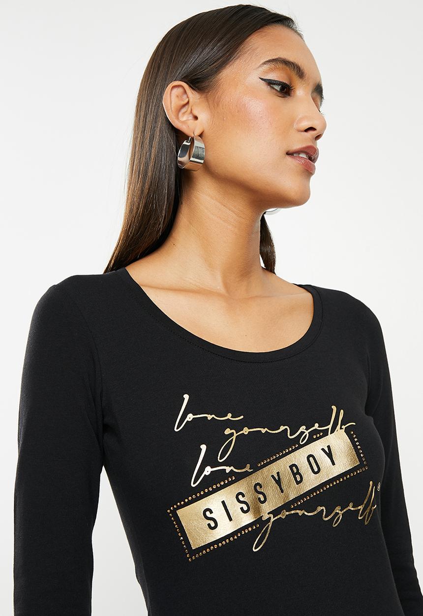 SISSY BOY - Basic round neck fitted long sleeve top with mixed print - black