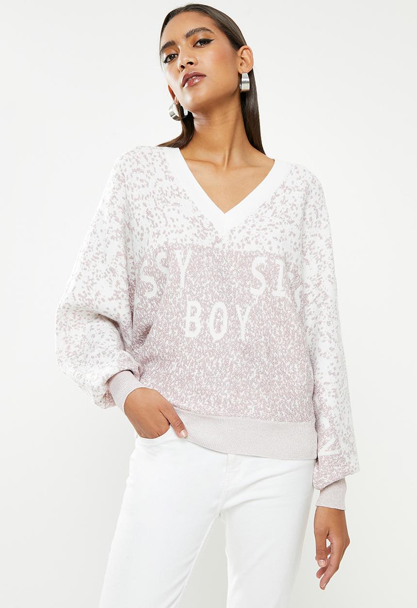 SISSY BOY - Knit sweater with batwing sleeves and all across branding - silver/lilac lurex