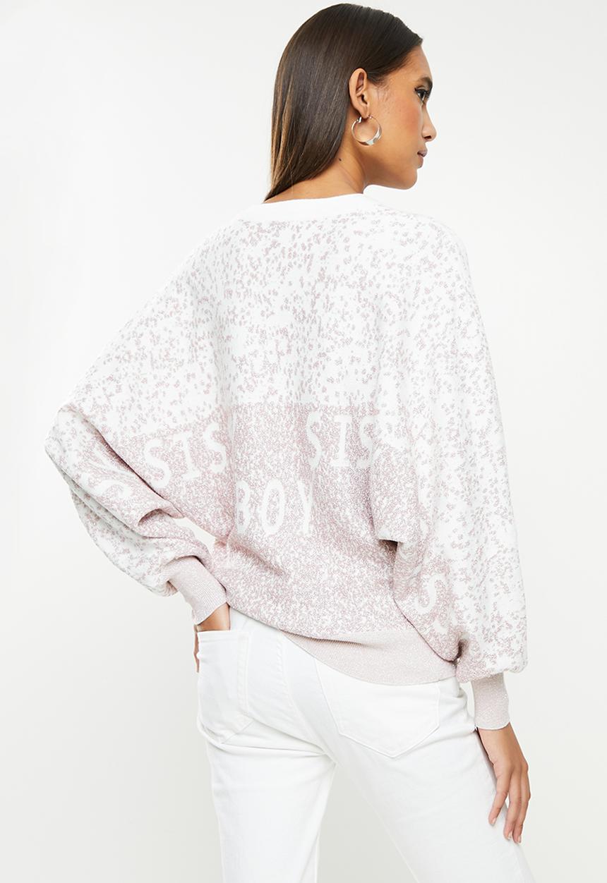 SISSY BOY - Knit sweater with batwing sleeves and all across branding - silver/lilac lurex