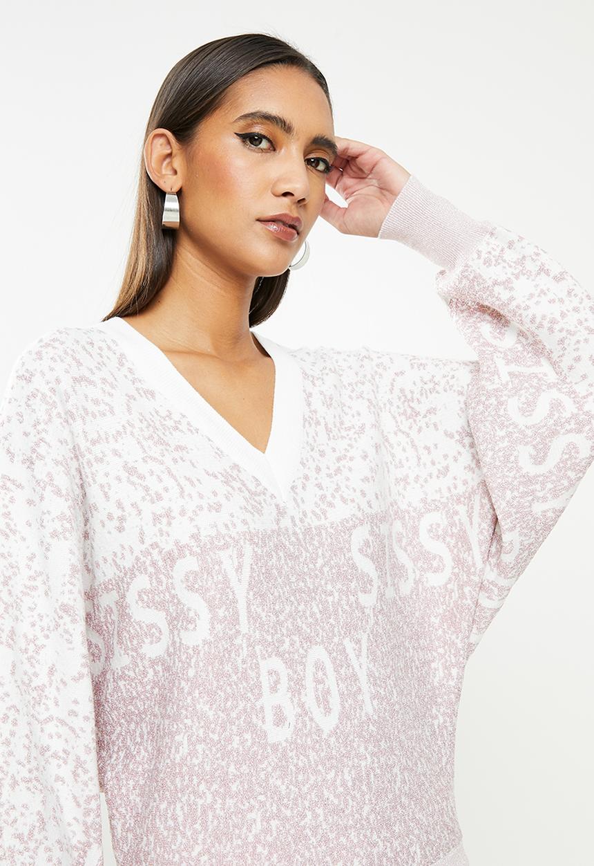 SISSY BOY - Knit sweater with batwing sleeves and all across branding - silver/lilac lurex
