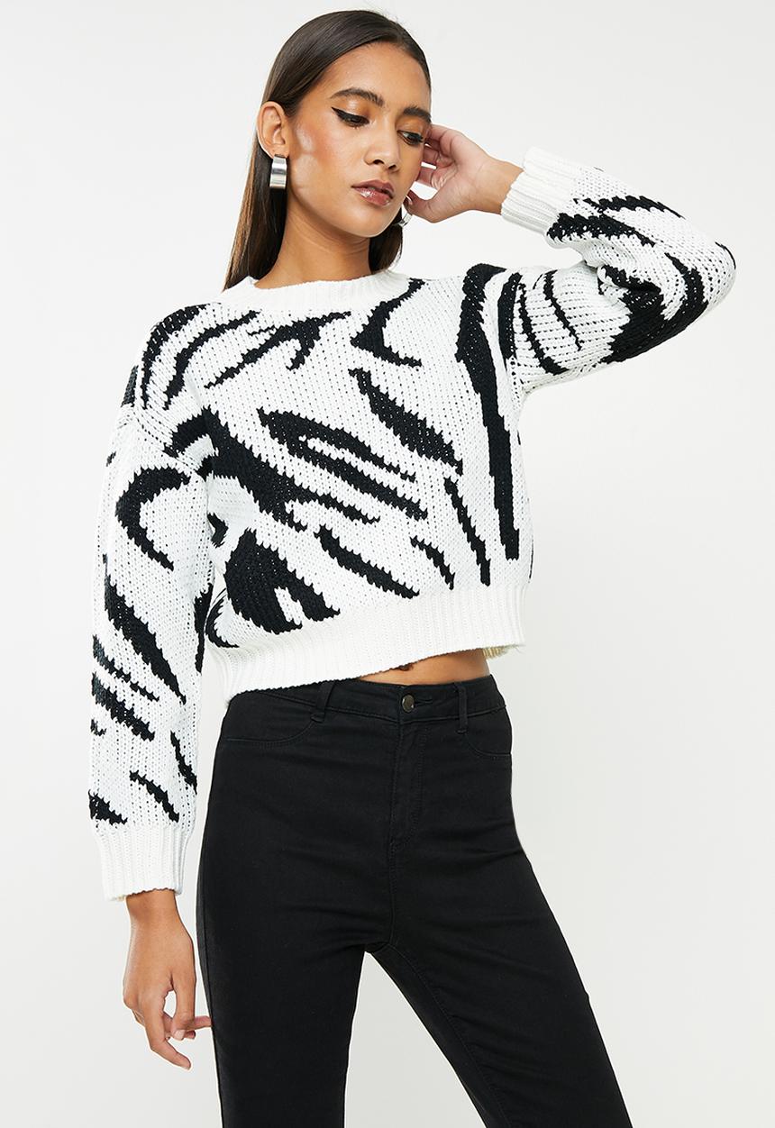 SISSY BOY - Crop chunky animal knit sweater - black & off white