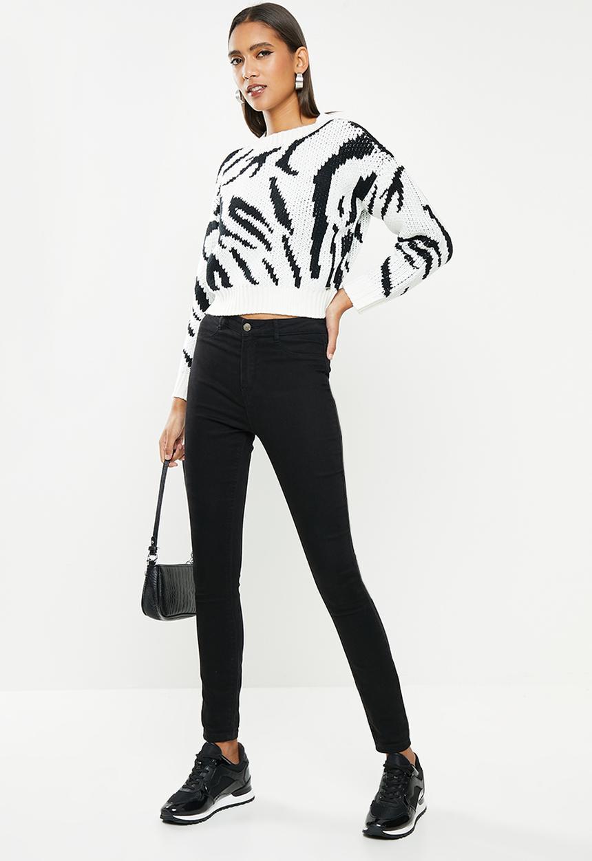 SISSY BOY - Crop chunky animal knit sweater - black & off white