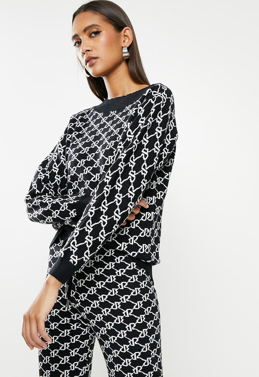 SISSY BOY - Assymmetric off the shoulder branded knit - black & off white