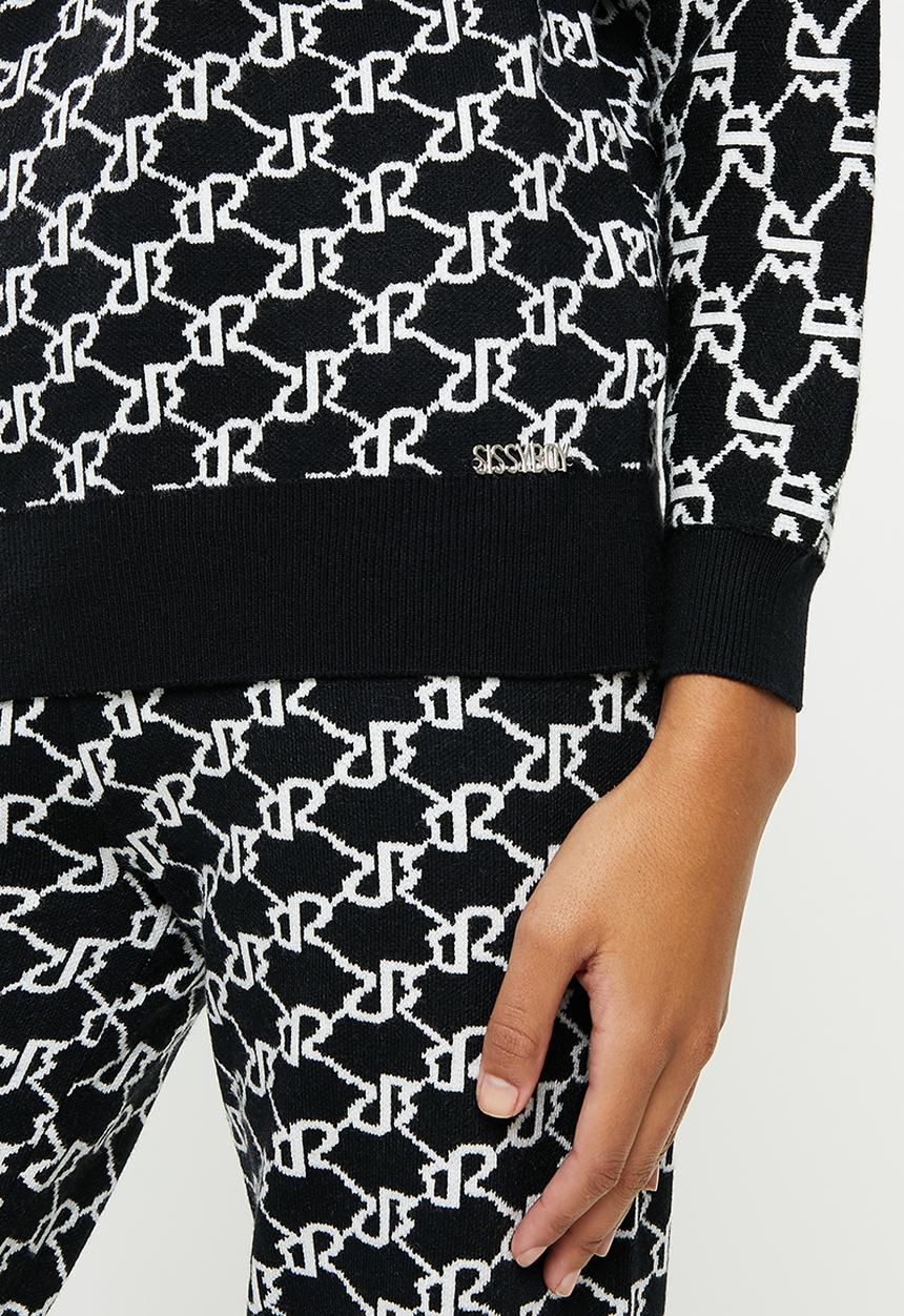 SISSY BOY - Assymmetric off the shoulder branded knit - black & off white