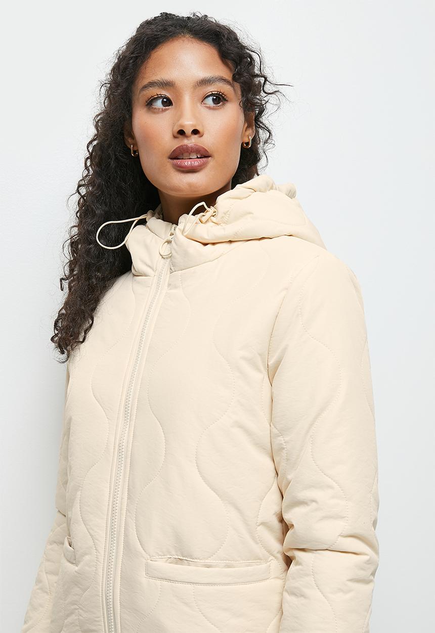 edit - Diagonal quilted hooded puffer jacket - ecru
