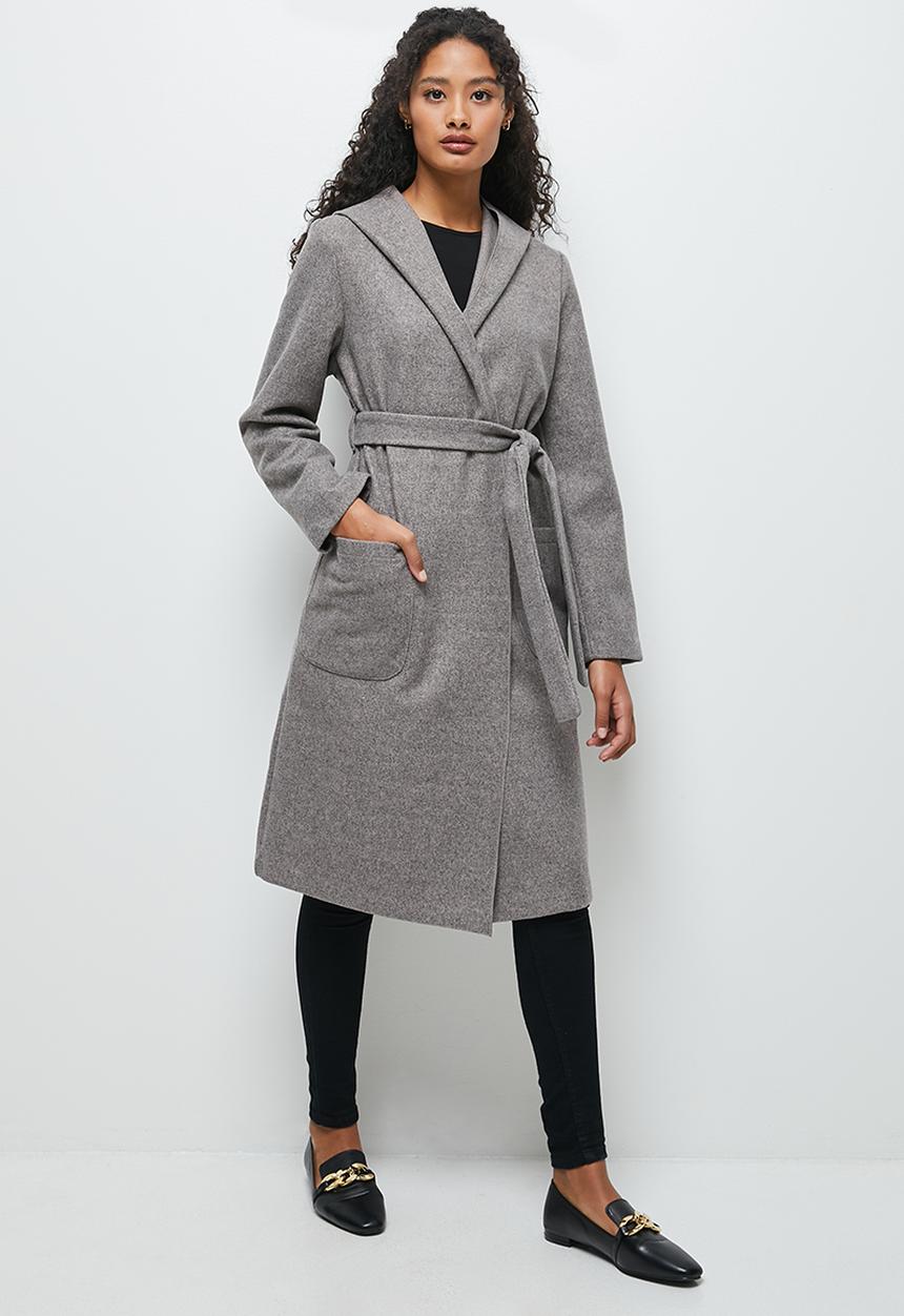 edit - Long hooded belted coat - taupe