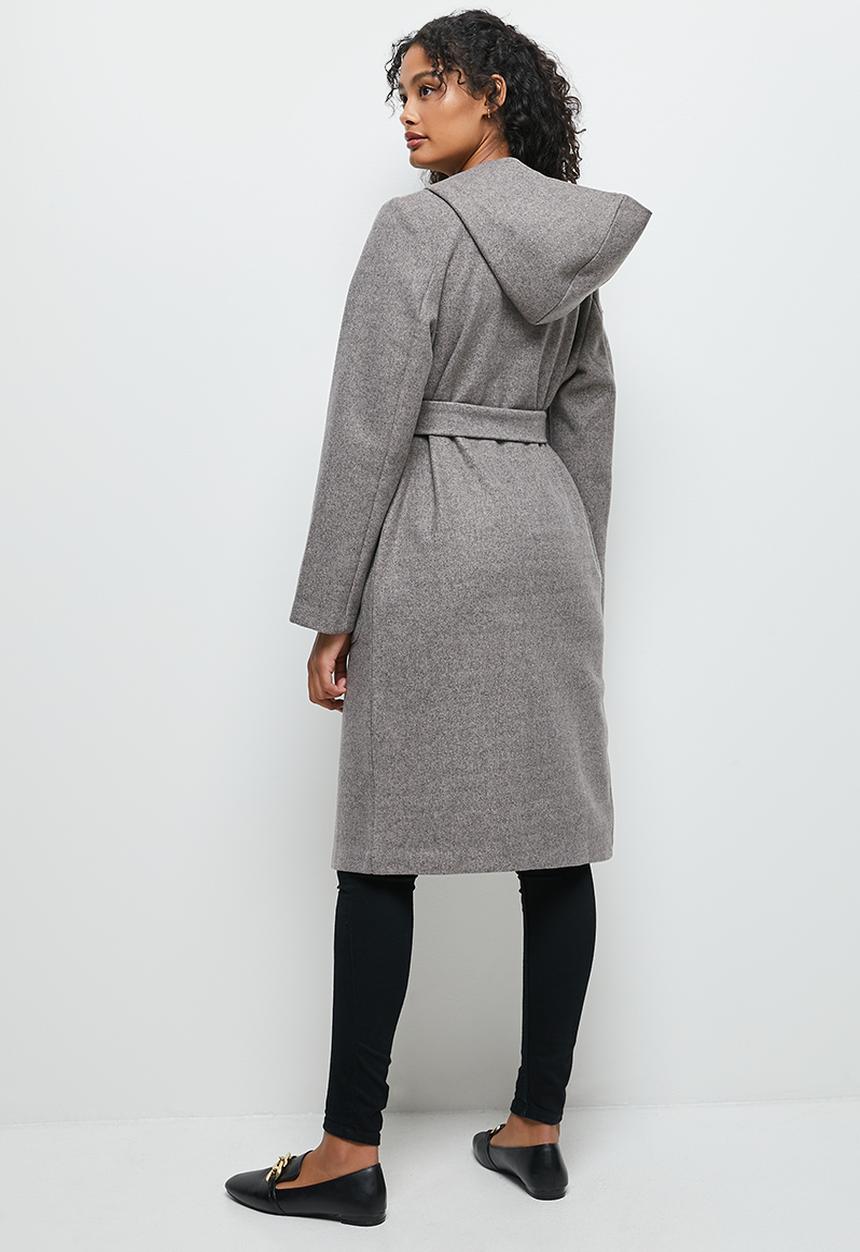 edit - Long hooded belted coat - taupe