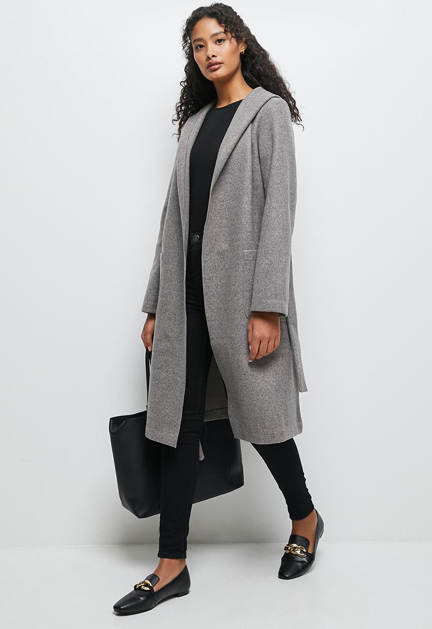 edit - Long hooded belted coat - taupe