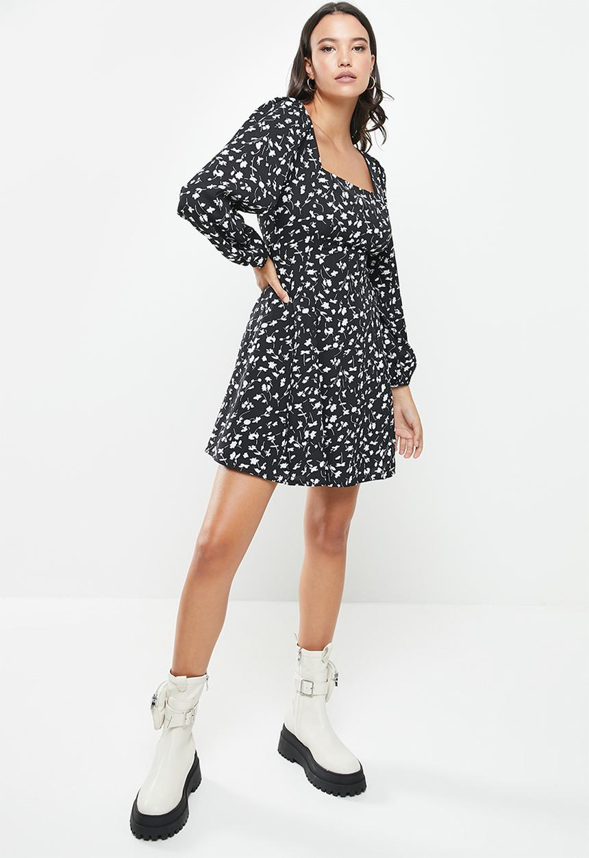 Missguided - Tie back long sleeve floral mini dress - black & white 