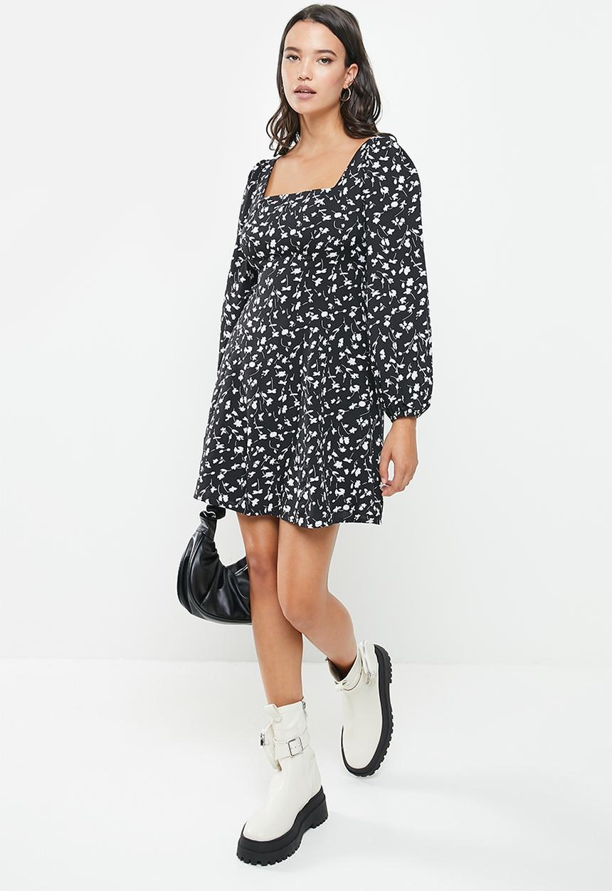 Missguided - Tie back long sleeve floral mini dress - black & white 