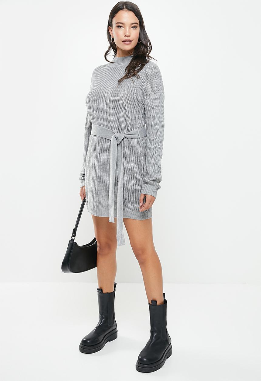 Missguided - Recycled high neck basic dress with belt - grey