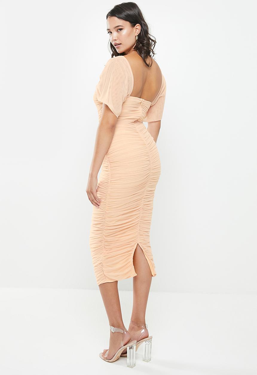 Missguided - Ruched short sleeve bardot midi dress - neutral