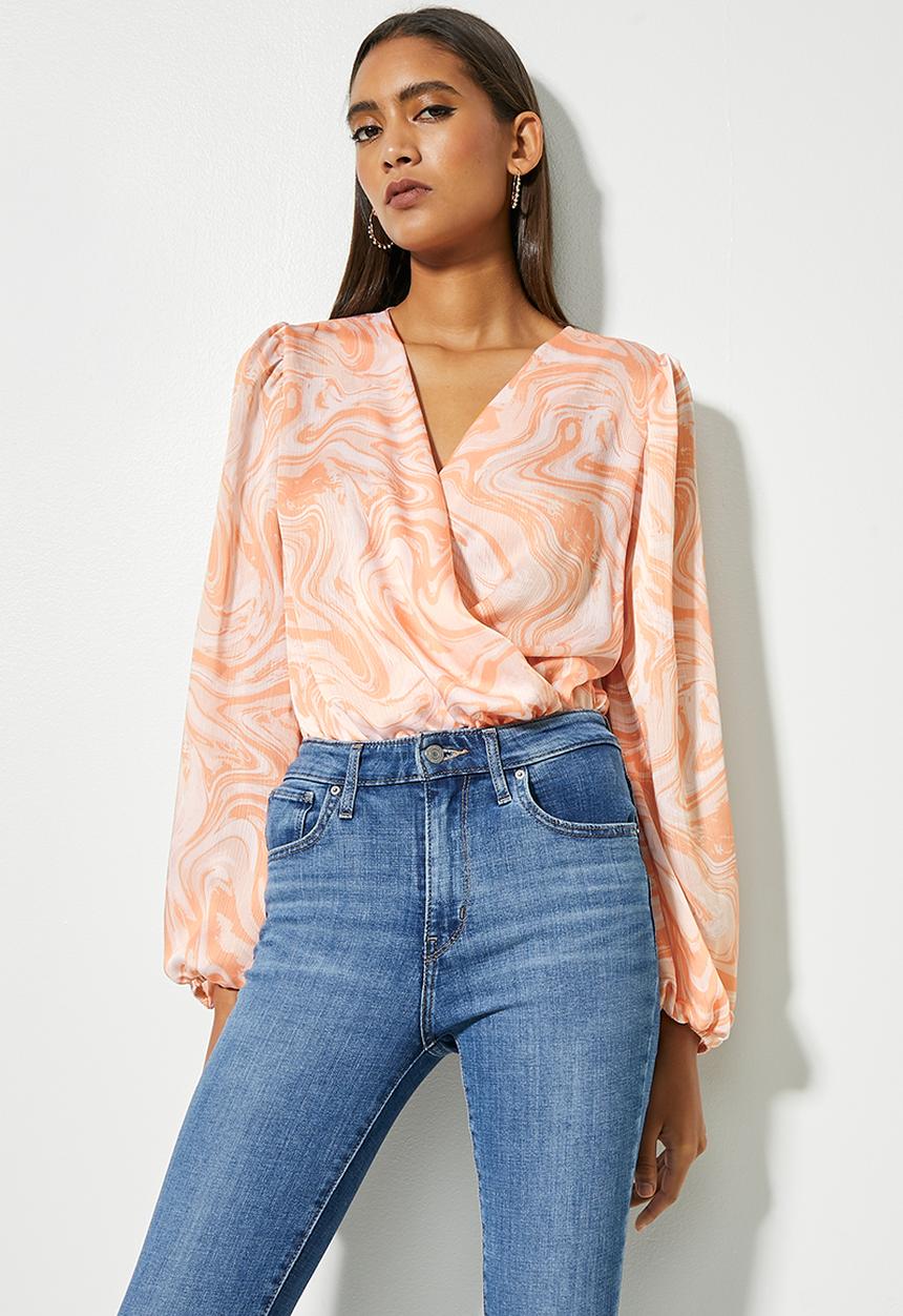 VELVET - Printed wrap neckline knit woven bodysuit - abstract print