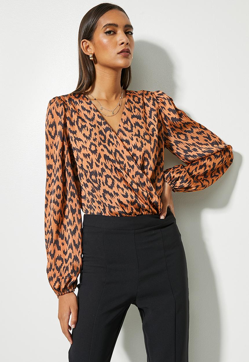 VELVET - Printed wrap neckline knit woven bodysuit - animal print