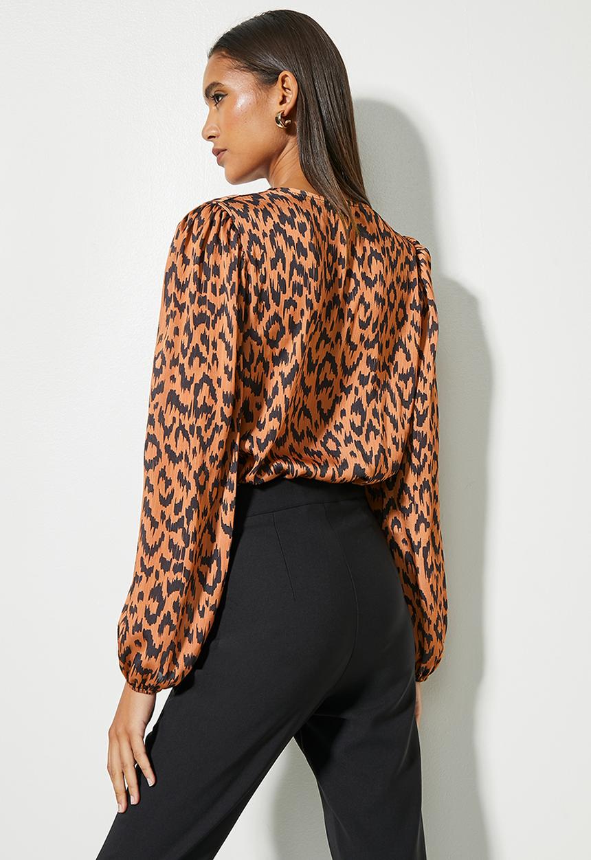 VELVET - Printed wrap neckline knit woven bodysuit - animal print