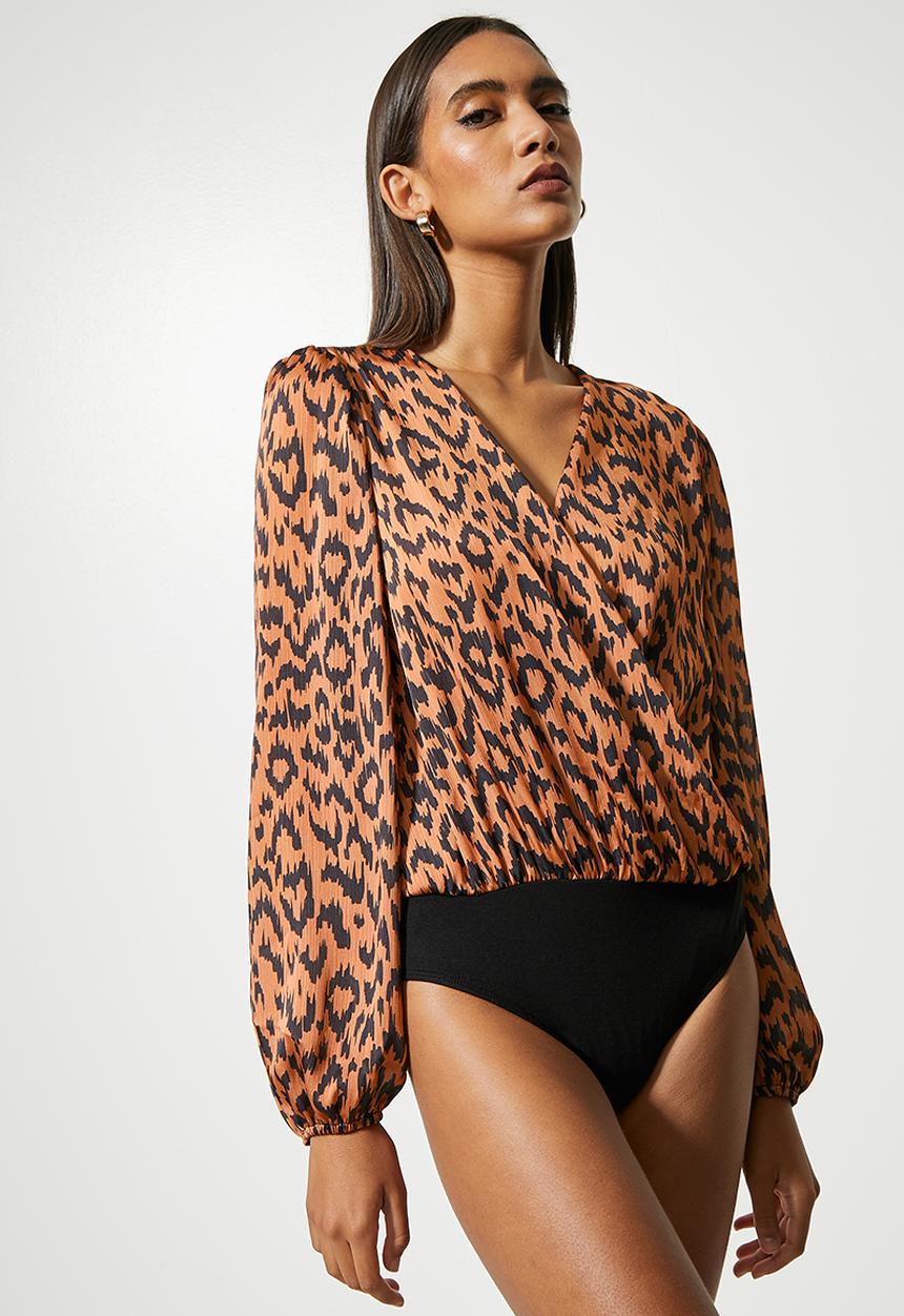 VELVET - Printed wrap neckline knit woven bodysuit - animal print