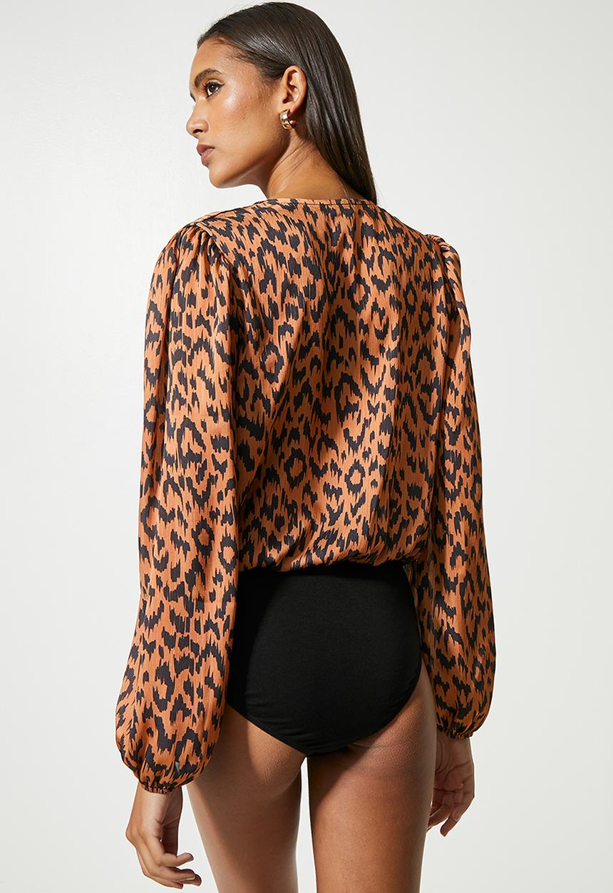 VELVET - Printed wrap neckline knit woven bodysuit - animal print