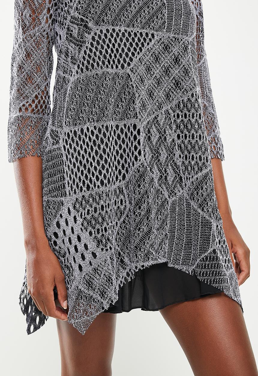 Stella Morgan - Multi-pattern net dress with tiered hem - black & grey 