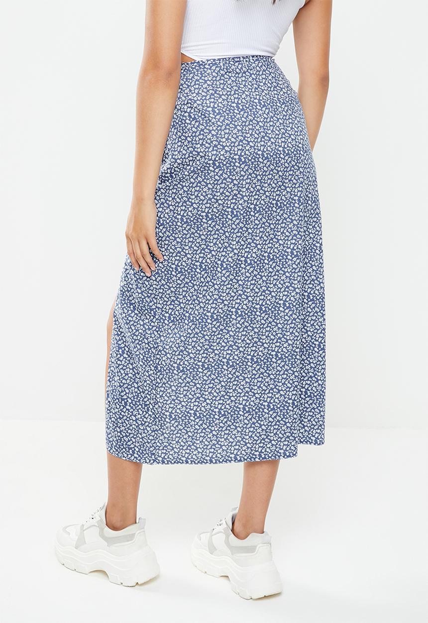 Missguided - Floral side split midi skirt - blue