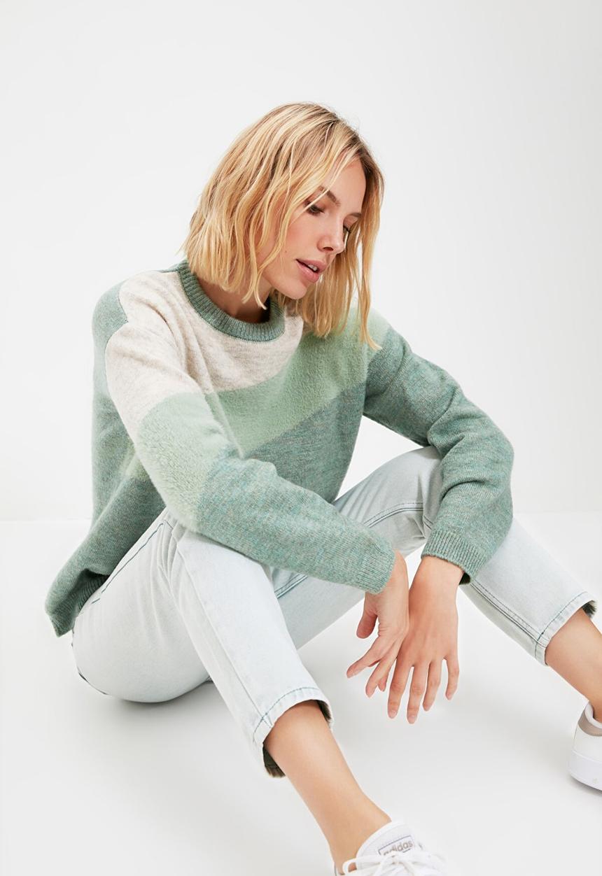 Trendyol - Beard rope striped crew neck knitwear sweater - mint, green & stone