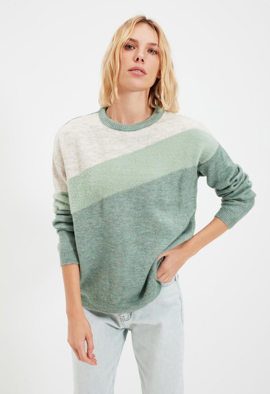 Trendyol - Beard rope striped crew neck knitwear sweater - mint, green & stone
