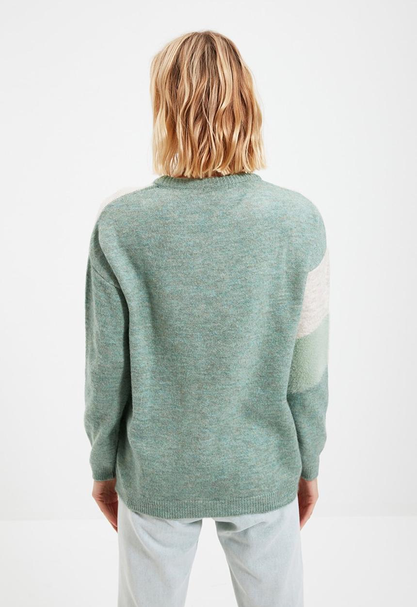 Trendyol - Beard rope striped crew neck knitwear sweater - mint, green & stone