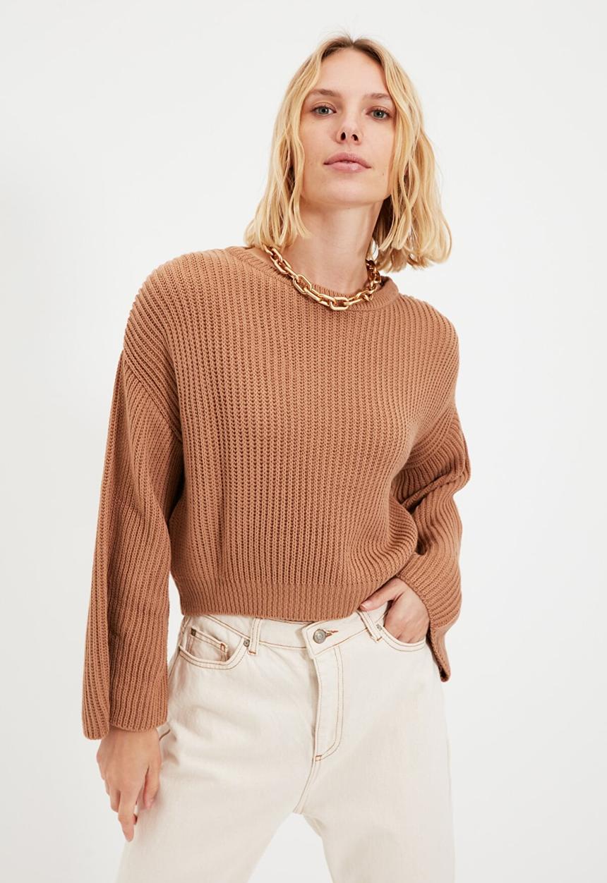 Trendyol - Crop spanish sleeve knit sweater - camel