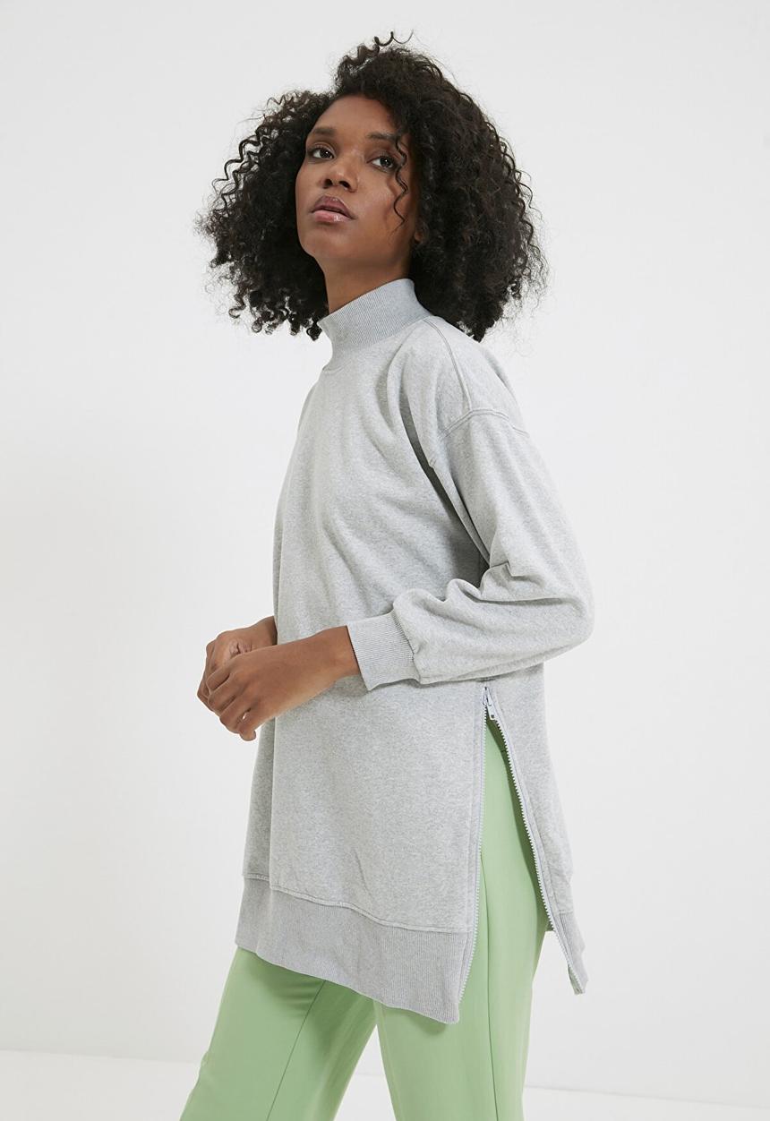 Trendyol - Zipper detailed oversize knitted slim sweatshirt - grey