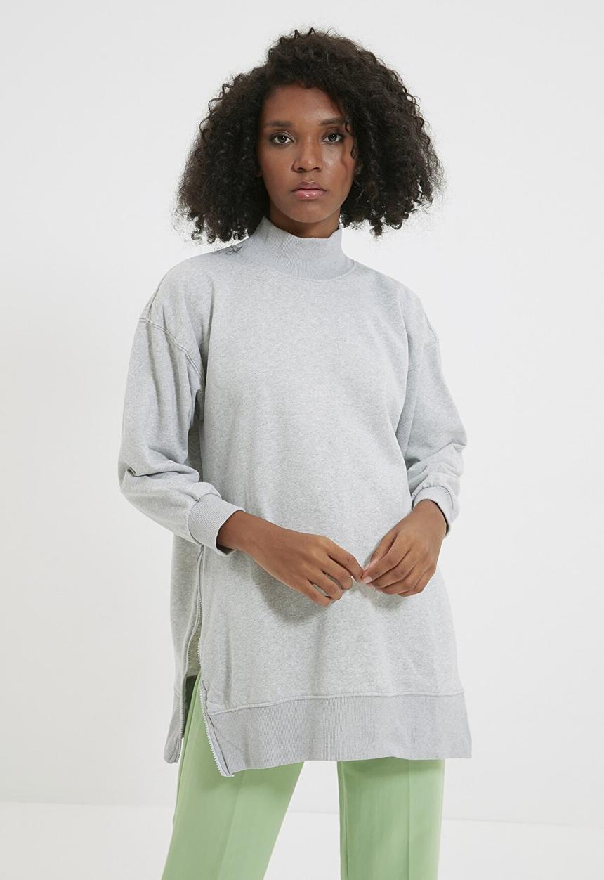 Trendyol - Zipper detailed oversize knitted slim sweatshirt - grey