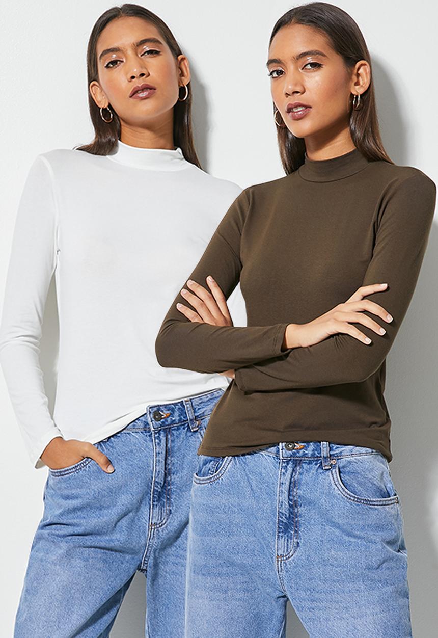 Superbalist - 2-Pack funnel neck tops - truffle brown & milk