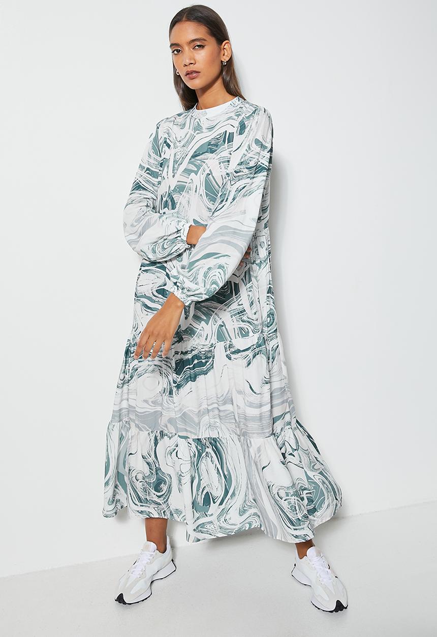 Superbalist - Funnel neck tiered dress - blue & white 