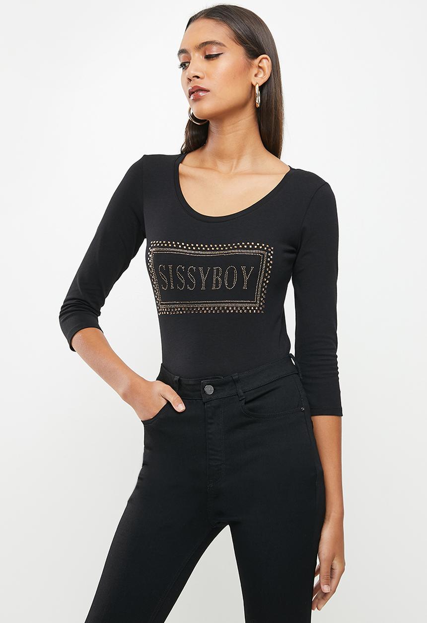 SISSY BOY - Basic round neck, fitted, 3/4 sleeve top with bling logo - black