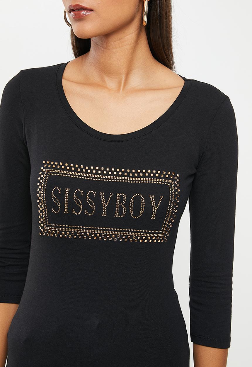 SISSY BOY - Basic round neck, fitted, 3/4 sleeve top with bling logo - black