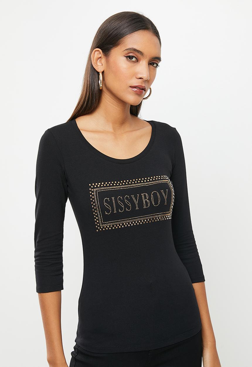 SISSY BOY - Basic round neck, fitted, 3/4 sleeve top with bling logo - black