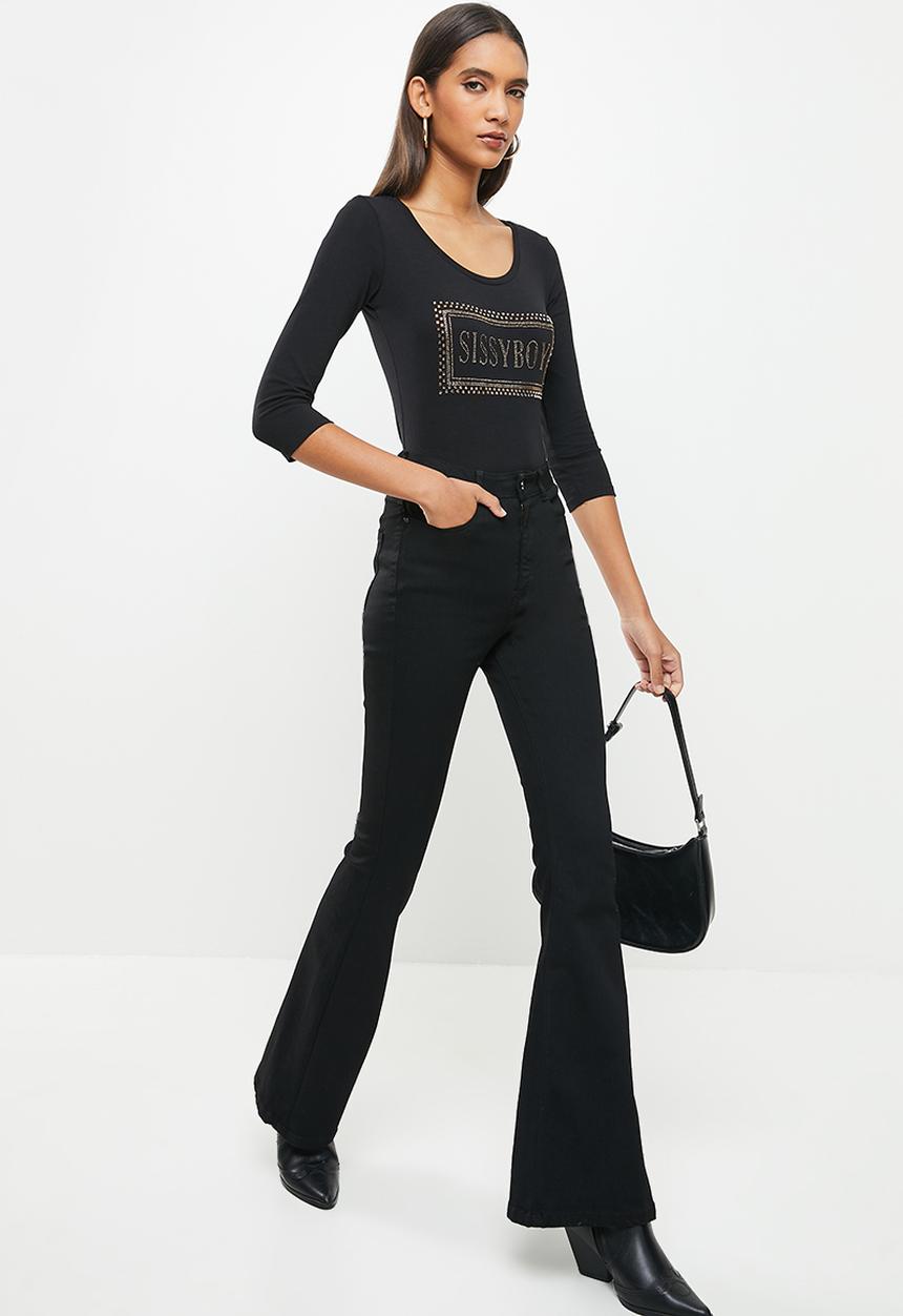 SISSY BOY - Basic round neck, fitted, 3/4 sleeve top with bling logo - black