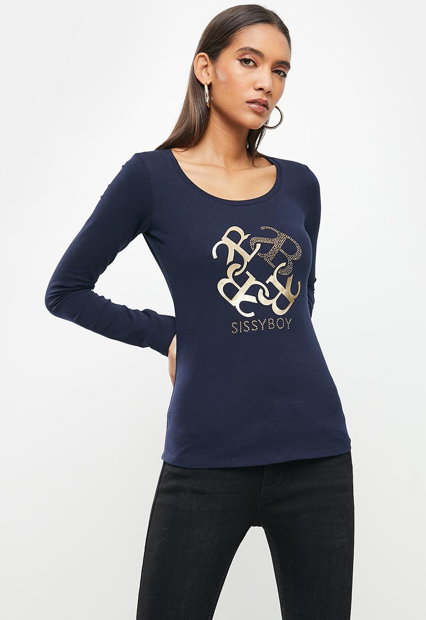 SISSY BOY - Basic round neck fitted long sleeve top with mixed foil print and bling artwork - navy