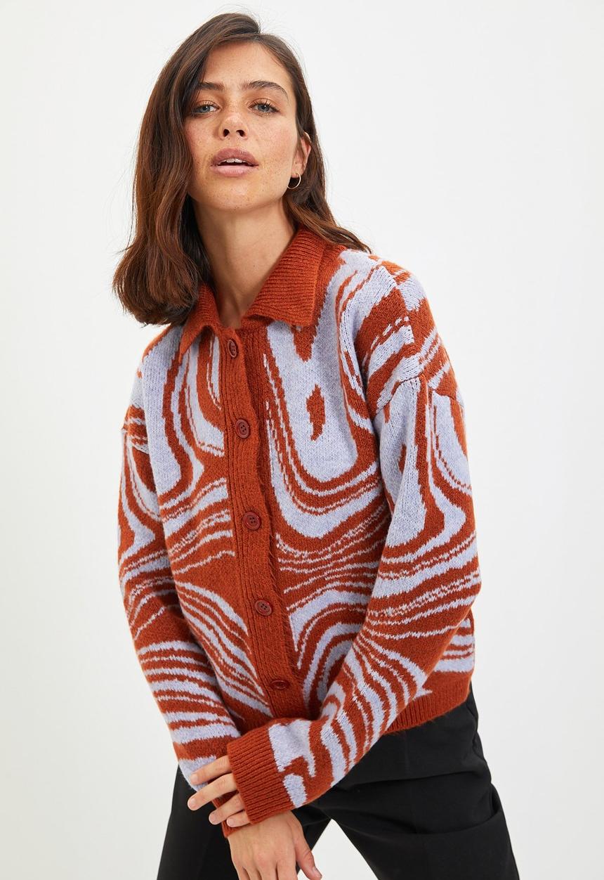 Trendyol - Jacquard knitwear cardigan - tan & white