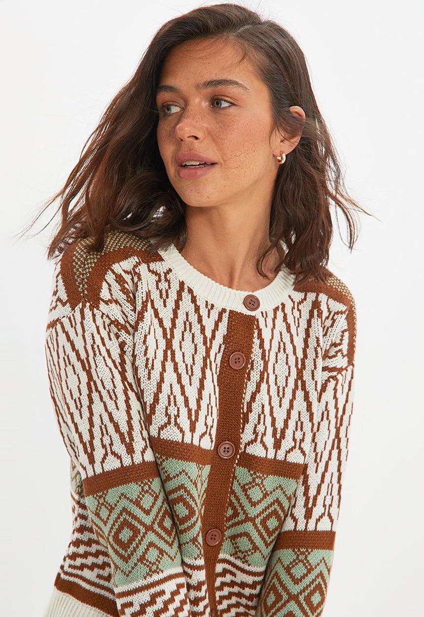 Trendyol - Geometric jacquard knitwear cardigan  - brown