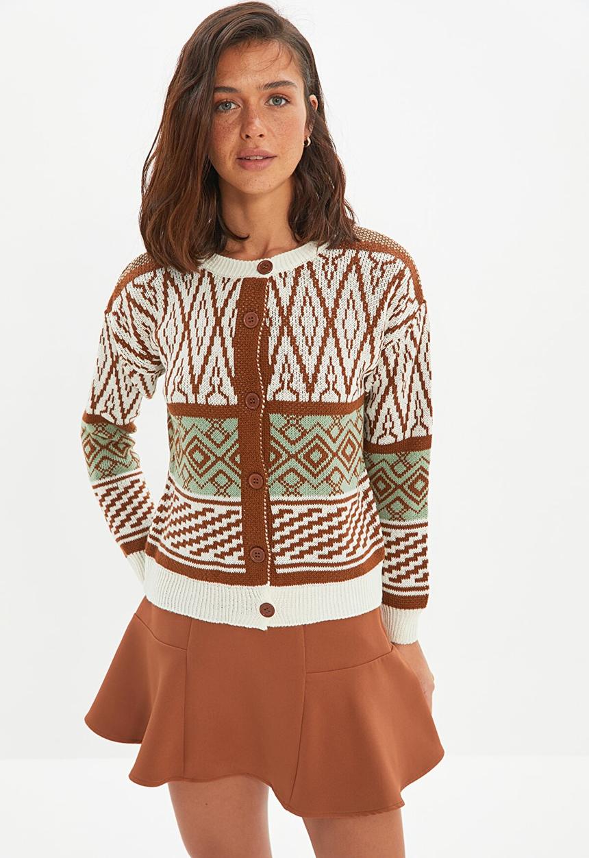 Trendyol - Geometric jacquard knitwear cardigan  - brown
