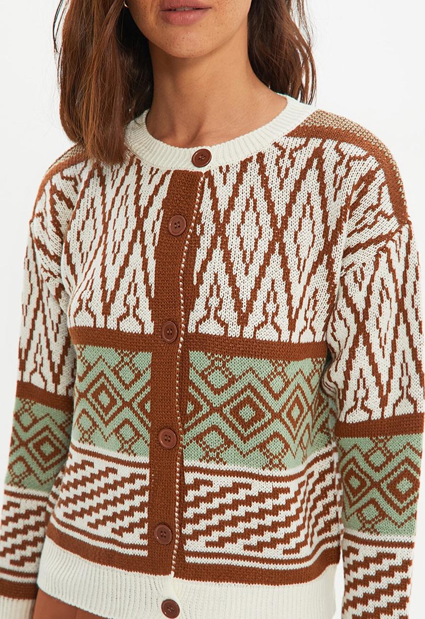 Trendyol - Geometric jacquard knitwear cardigan  - brown