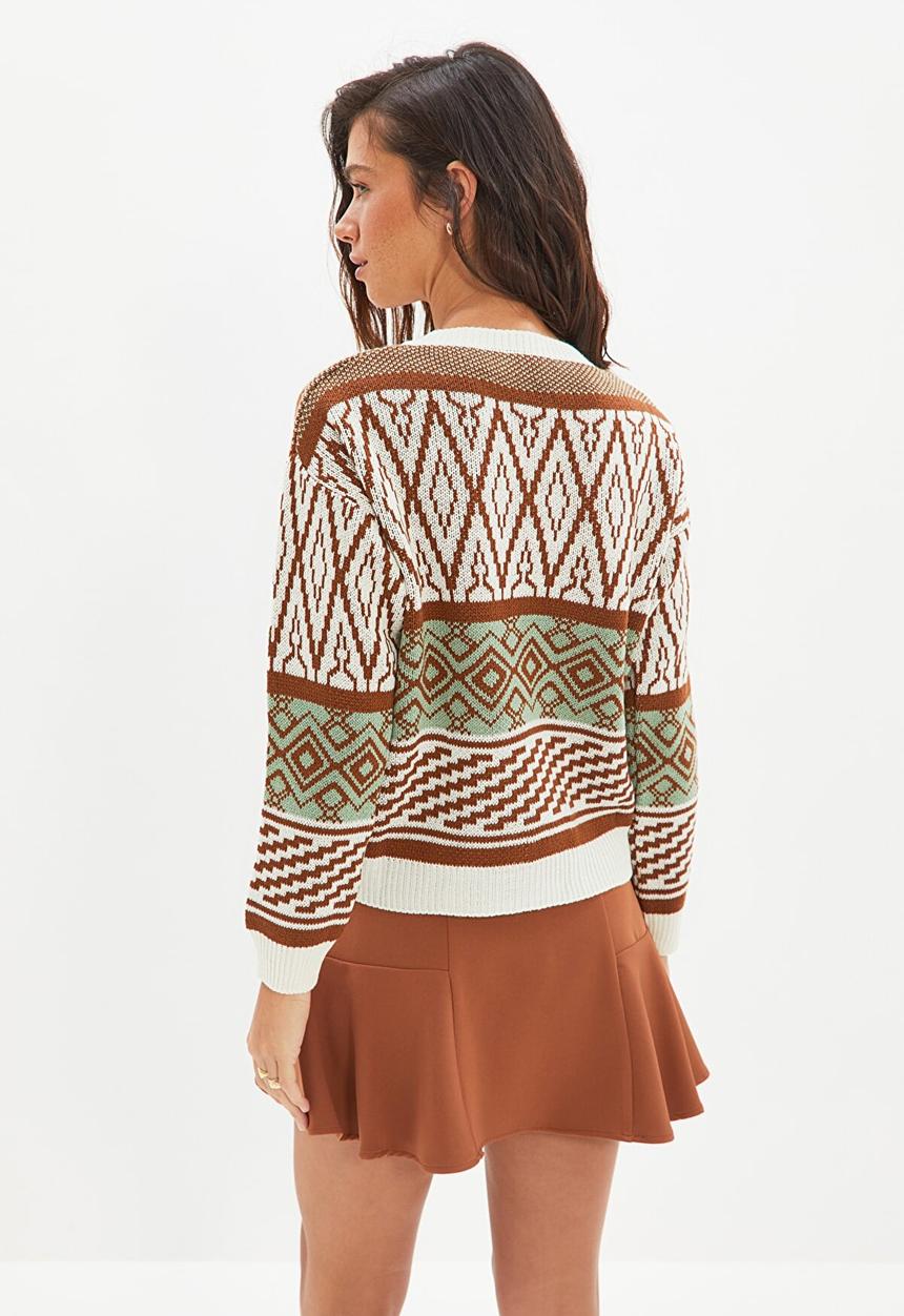 Trendyol - Geometric jacquard knitwear cardigan  - brown