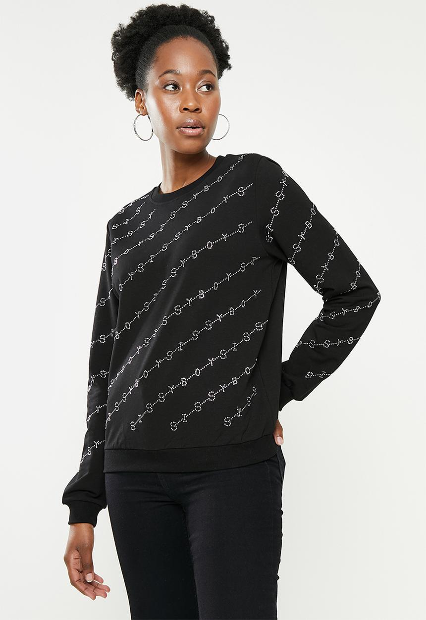 SISSY BOY - Crew neck long sleeve sweater with all over bling logo - black