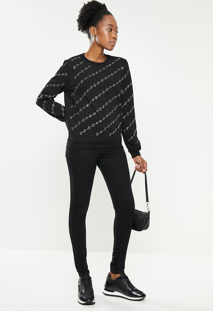 SISSY BOY - Crew neck long sleeve sweater with all over bling logo - black