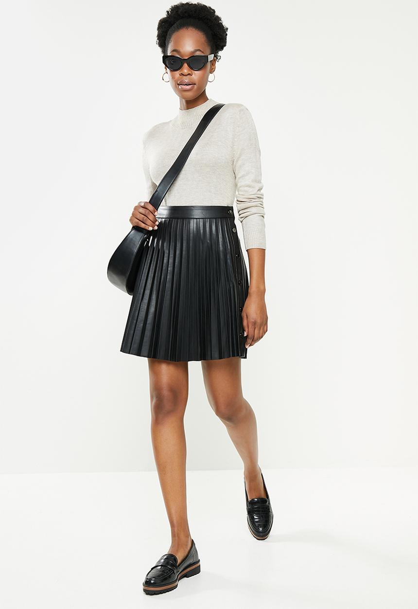 ONLY - Anea high waist faux leather plisse skirt - black