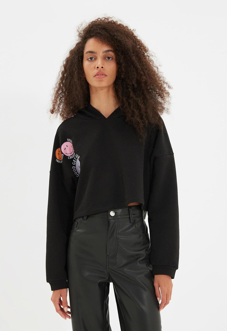 Trendyol - Emoji licensed printed crop hoodie knitted sweatshirt  - black