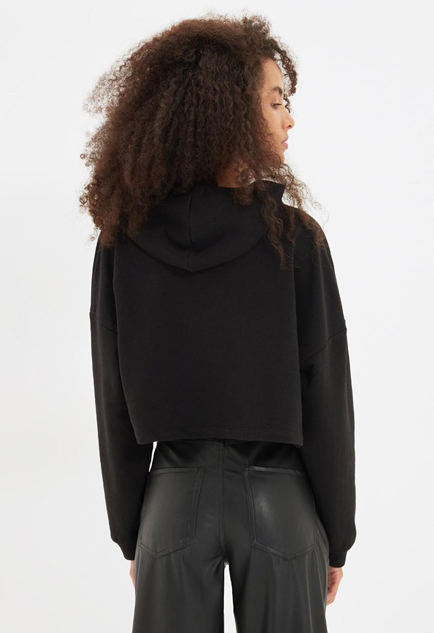 Trendyol - Emoji licensed printed crop hoodie knitted sweatshirt  - black