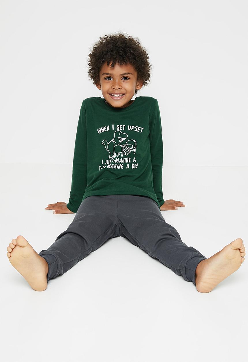 Pop Candy - Boys tee & pants pj set - green & grey
