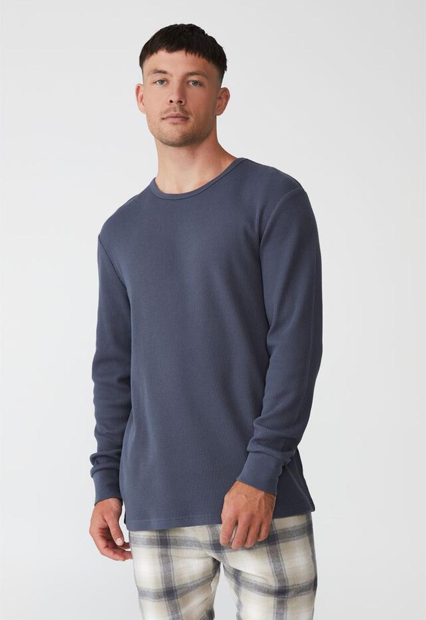 Cotton On - Textured long sleeve T-shirt - dusty denim waffle