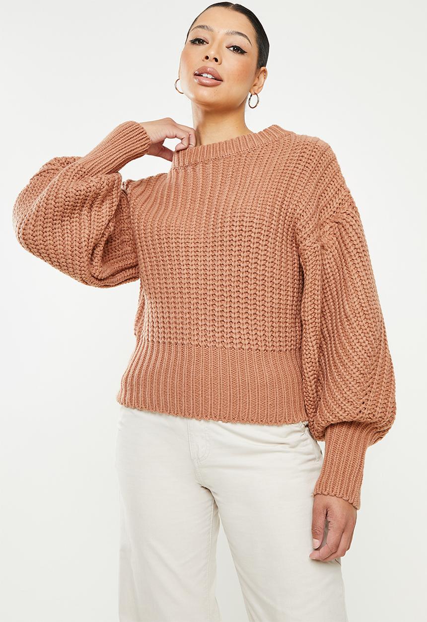 Missguided - Handknit cinch waist balloon sleeve jumper  - camel