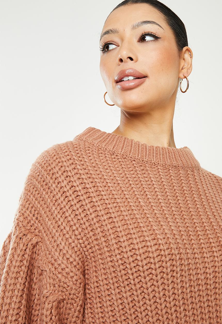 Missguided - Handknit cinch waist balloon sleeve jumper  - camel